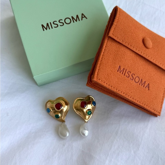Missoma x Rouje Gold Heart Earrings with Pearl and Gem Accents - Picture 2 of 5